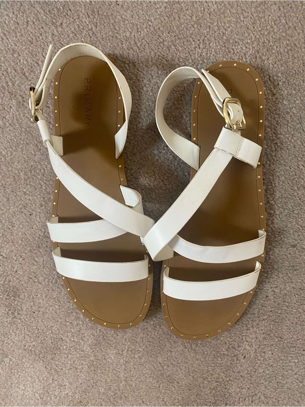 Primark White Strappy Gold-Stud Flat Sandals